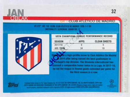 Jan Oblak - Club Atlético De Madrid 2018-19 Topps Chrome UCL #32