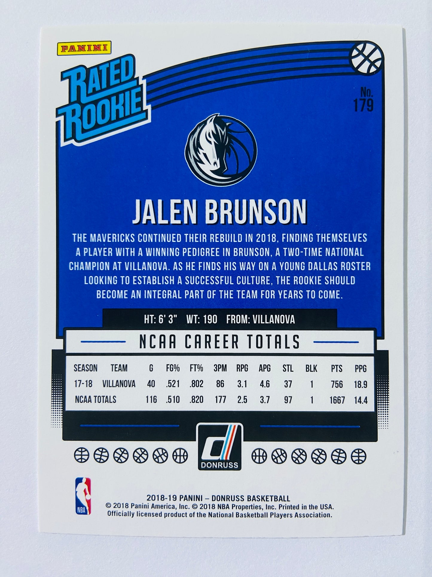 Jalen Brunson - Dallas Mavericks 2018-19 Panini Donruss Rated Rookie #179