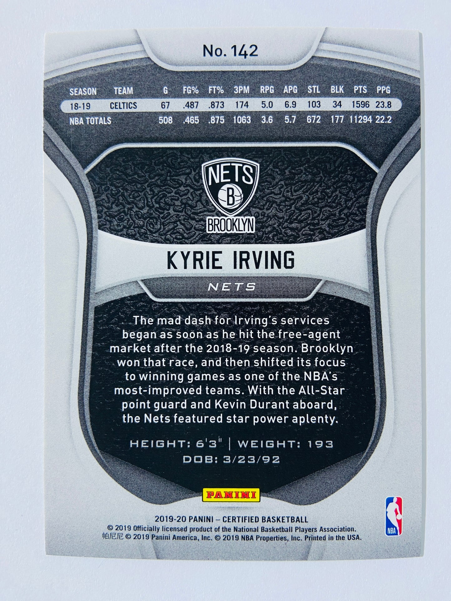 Kyrie Irving - Brookly Nets 2019-20 Panini Certified #142