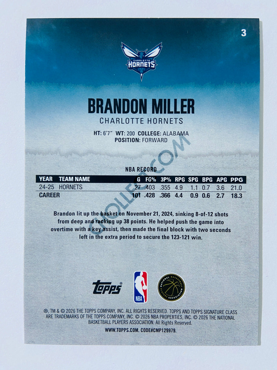 Brandon Miller - Charlotte Hornets 2025-26 Topps Signature Class #3