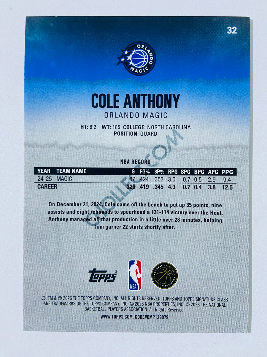 Cole Anthony - Orlando Magic 2025-26 Topps Signature Class #32