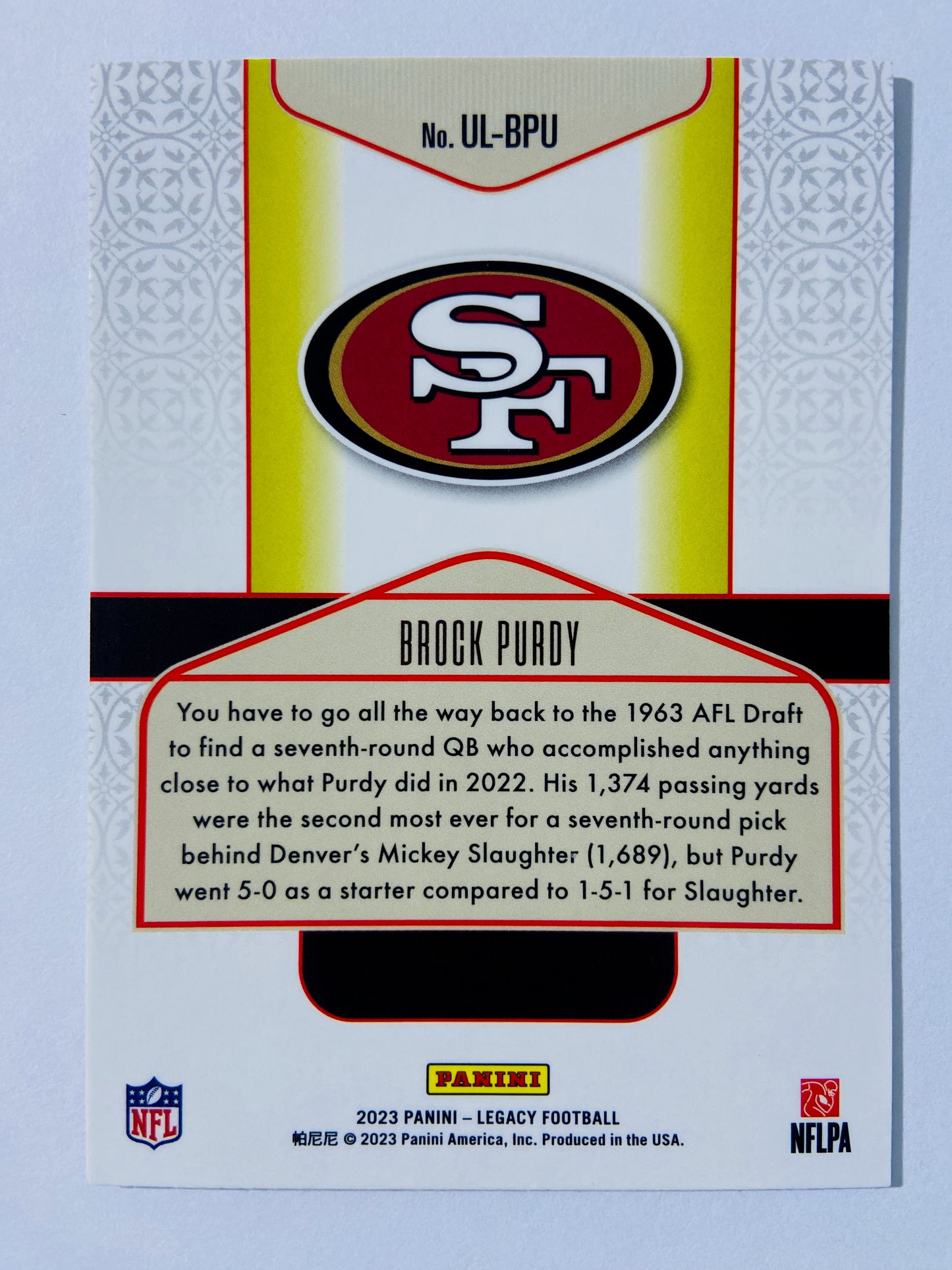 Brock Purdy – San Francisco 49ers 2023 Panini Legacy Under the Lights #UL-BPU