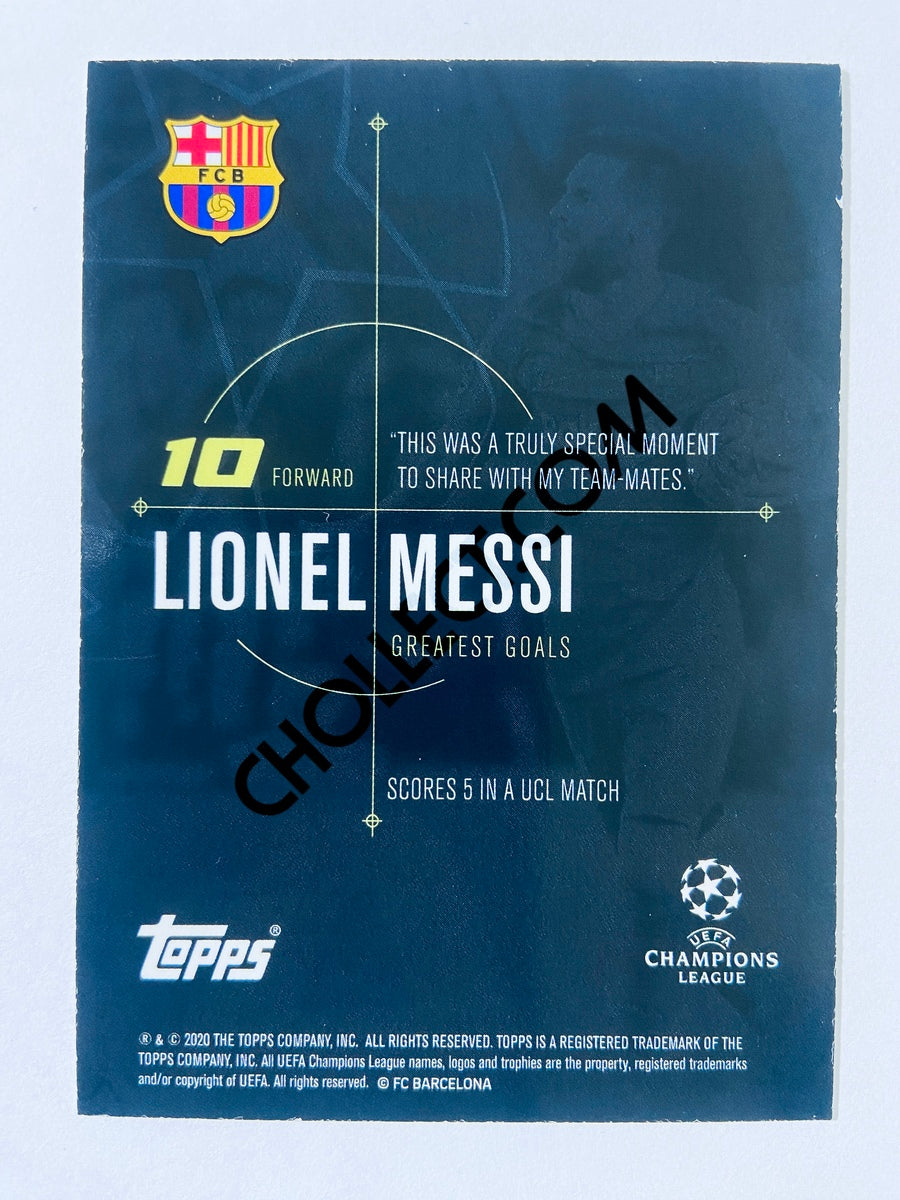 Lionel Messi – FC Barcelona 2020 Topps Designed by Messi Greatest Goals Scores 5 in a UCL Match
