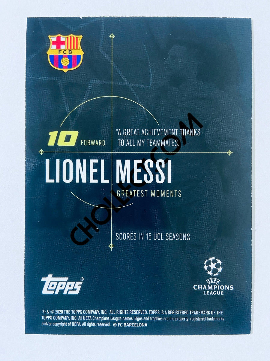 Lionel Messi – FC Barcelona 2020 Topps Designed by Messi Greatest Moments Scores in 15 UCL Seasons