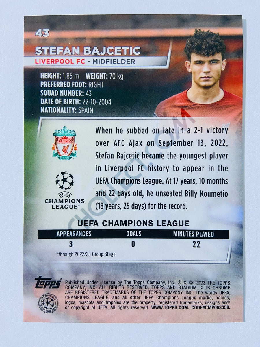 Stefan Bajcetic - Liverpool FC 2022-23 Topps Stadium Club Chrome UEFA Club Competitions RC Rookie #43