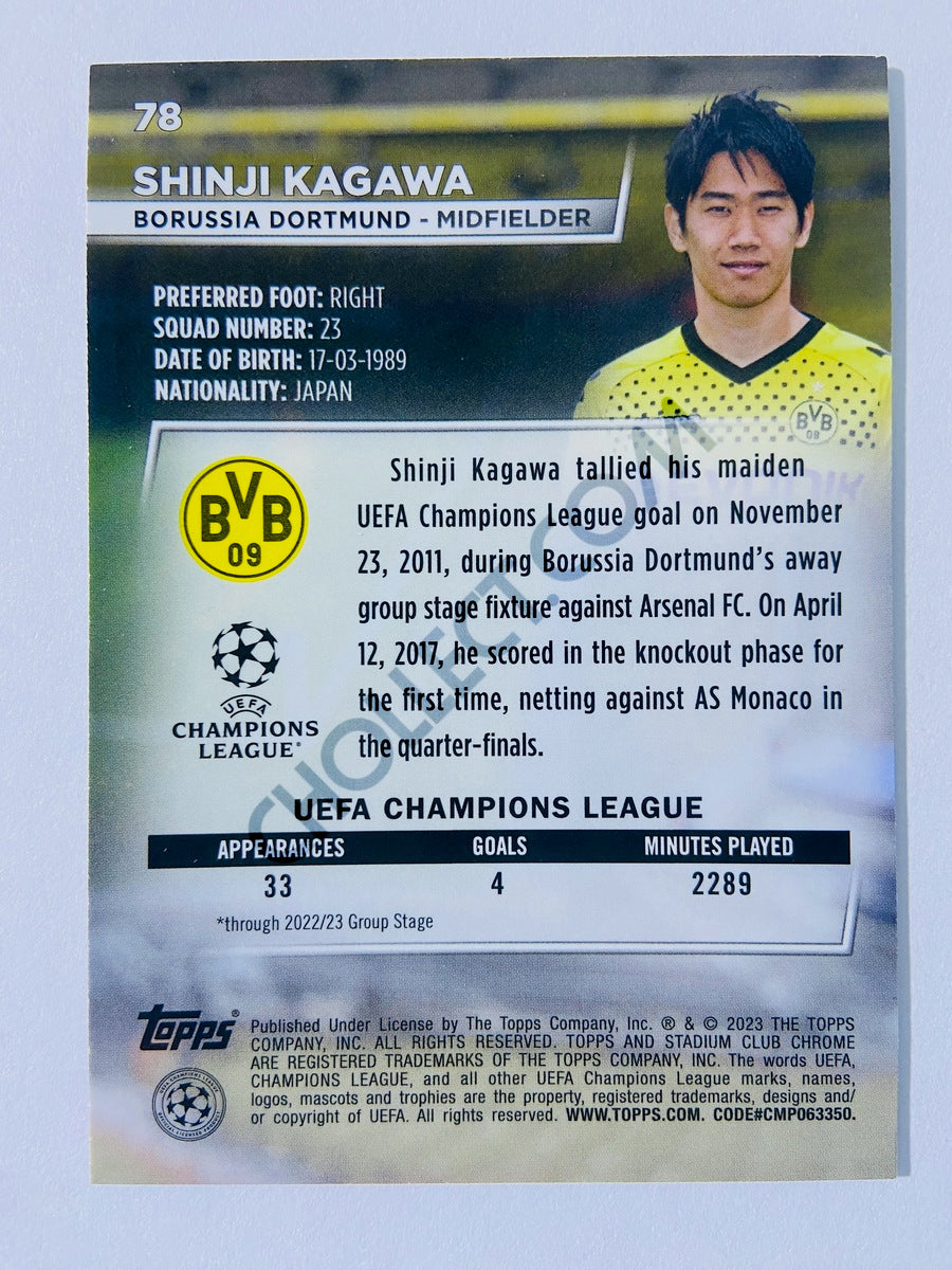 Shinji Kagawa - Borussia Dortmund 2022-23 Topps Stadium Club Chrome UEFA Club Competitions Blue Prism Parallel #78