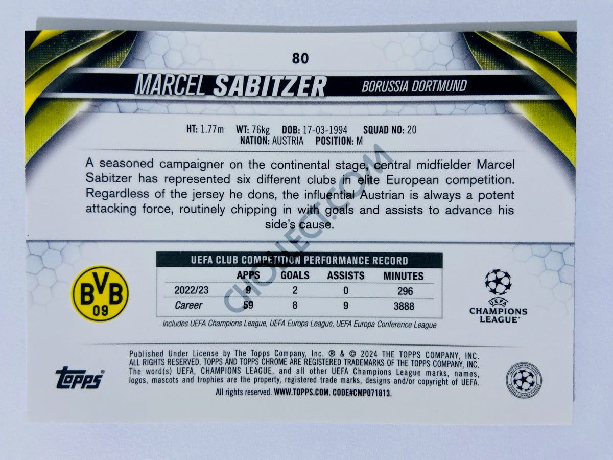 Marcel Sabitzer - Borussia Dortmund 2023-24 Topps Chrome UEFA Club Competitions #80