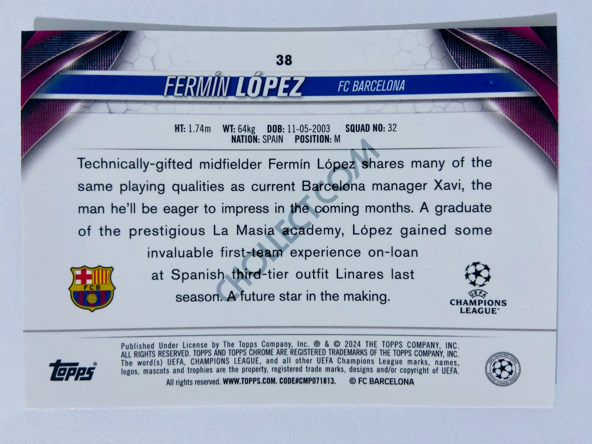 Fermin Lopez - FC Barcelona 2023-24 Topps Chrome UEFA Club Competitions RC Rookie #38
