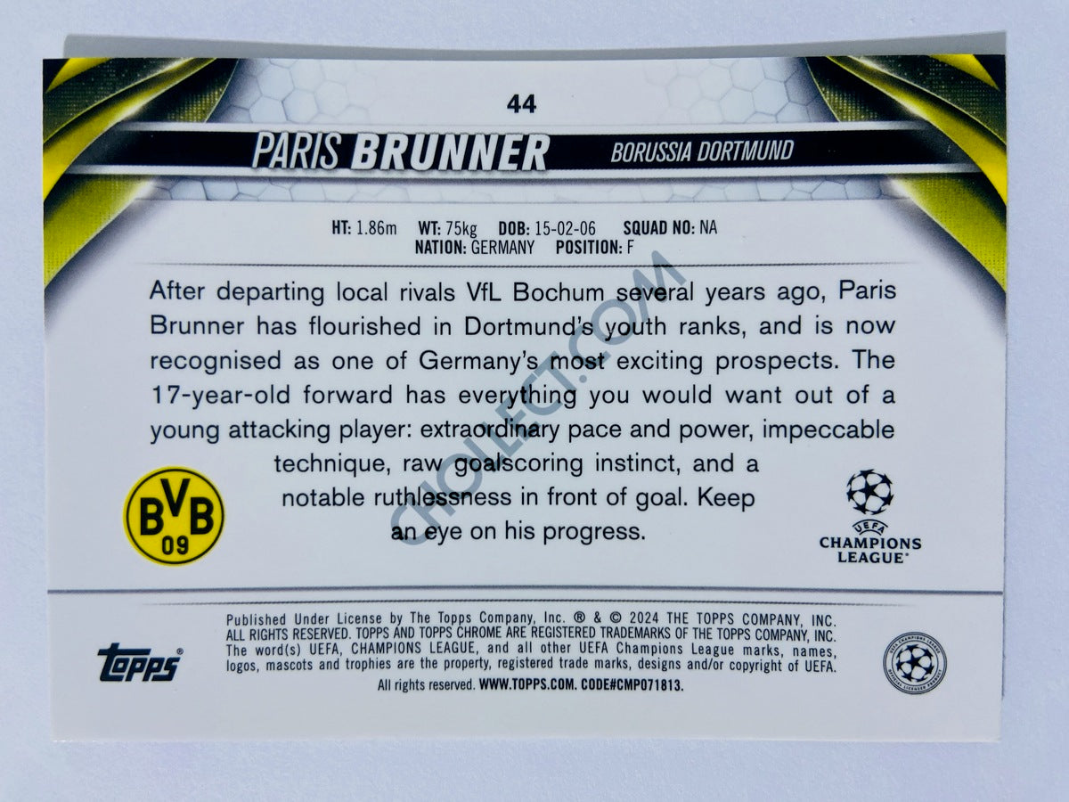 Paris Brunner - Borussia Dortmund 2023-24 Topps Chrome UEFA Club Competitions RC Rookie #44