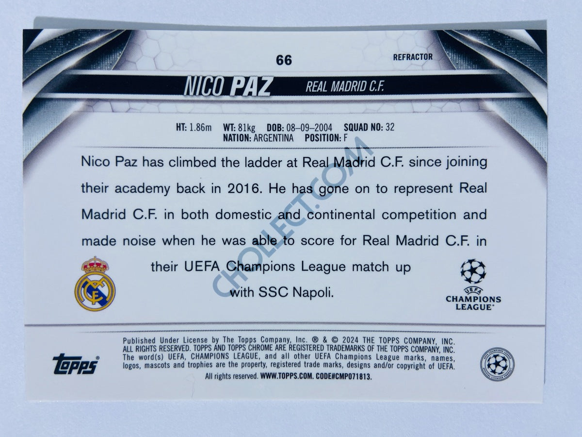Nico Paz - Real Madrid CF 2023-24 Topps Chrome UEFA Club Competitions Refractor RC Rookie #66
