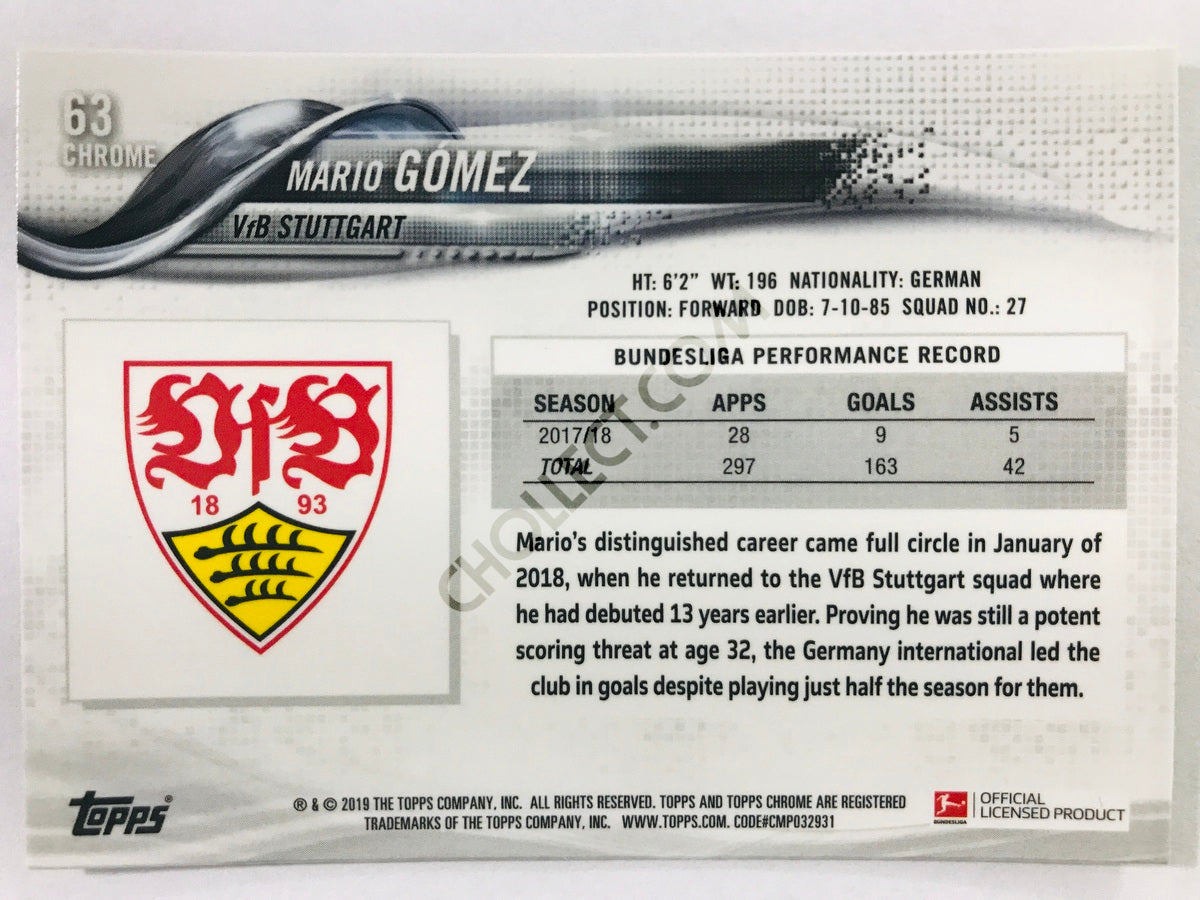 Mario Gomez - VfB Stuttgart 2018-19 Topps Chrome Bundesliga #63