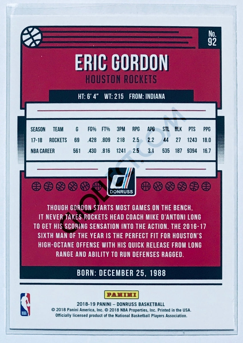 Eric Gordon - Houston Rockets 2018-19 Panini Donruss #92 Green Laser Parallel /99