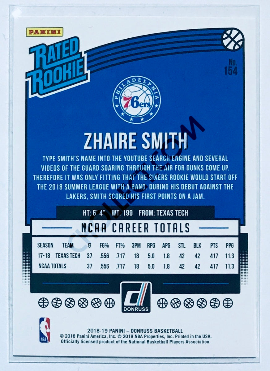 Zhaire Smith - Philadelphia 76ers 2018-19 Panini Donruss Rated Rookie #154 Green Laser Parallel /99