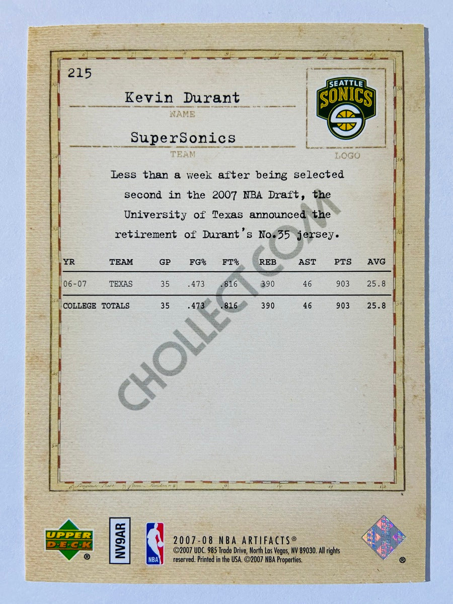 Kevin Durant - Oklahoma City Thunder 2007-08 Upper Deck Artifacts Exclusives Rookie Card #215