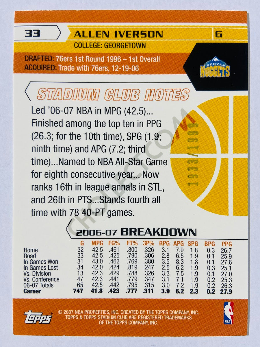 Allen Iverson - Denver Nuggets 2007-08 Topps Stadium Club 1st Day Issue #33 1933/1999