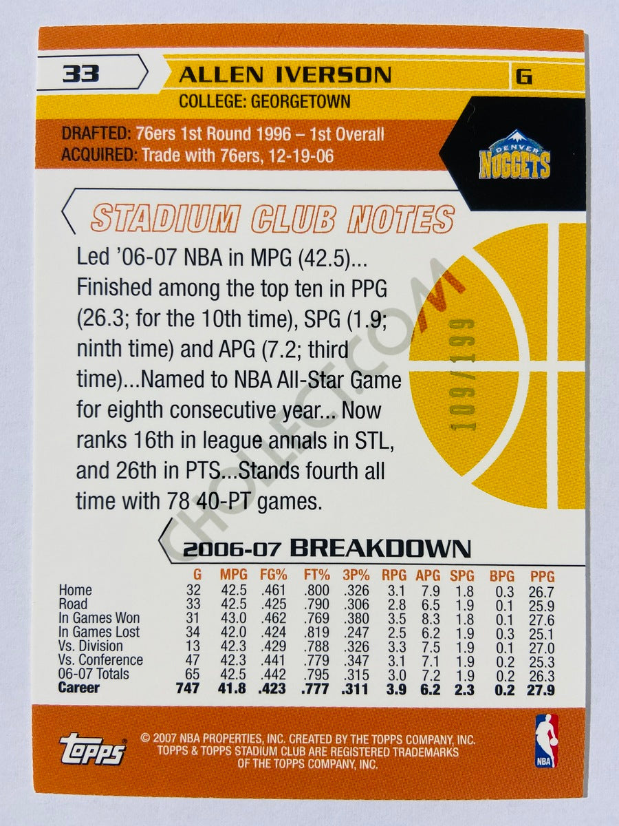 Allen Iverson - Denver Nuggets 2007-08 Topps Stadium Club Photographer's Proof #33 109/199