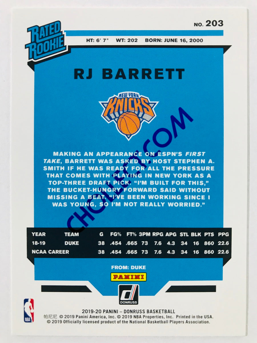 RJ Barrett - New York Knicks 2019-20 Panini Donruss Rated Rookie #203