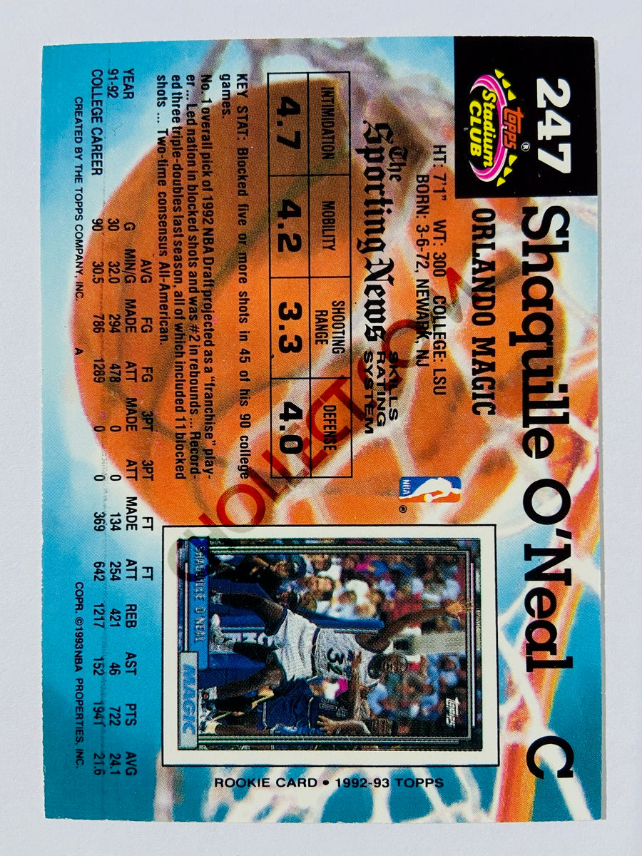 Shaquille O'Neal – Orlando Magic 1992-93 Topps Stadium Club '92 Draft Pick Rookie #247