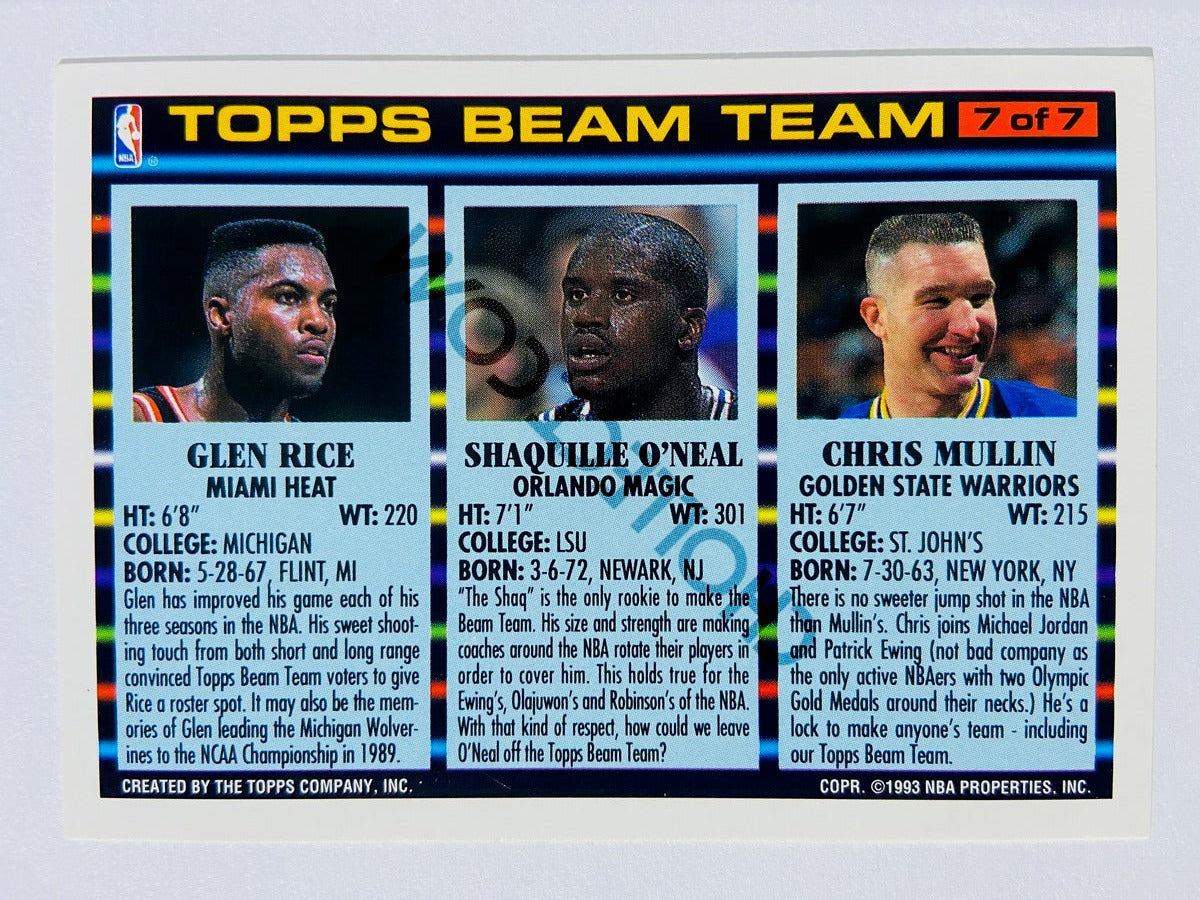 Shaquille O'Neal – Orlando Magic / Glen Rice – Miami Heat / Chris Mullin – Golden State Warriors 1992-93 Topps Beam Team #7