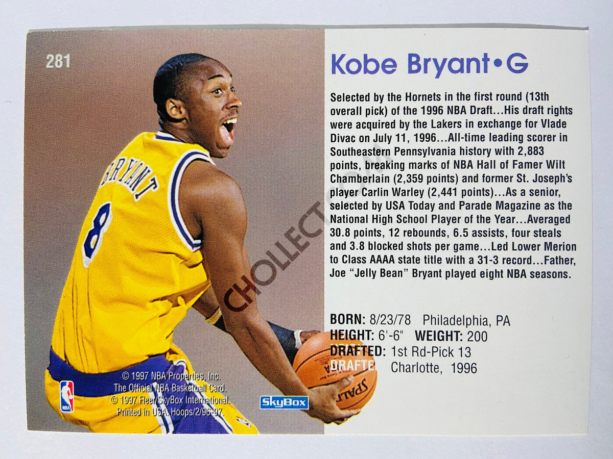 Kobe Bryant - Los Angeles Lakers 1996-97 Skybox Hoops Rookie Card #281
