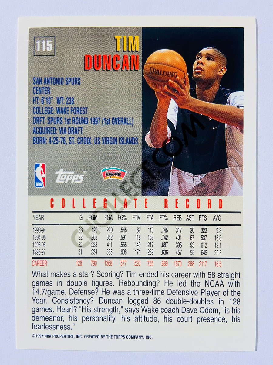 Tim Duncan - San Antonio Spurs 1997 Topps Rookie Card #115
