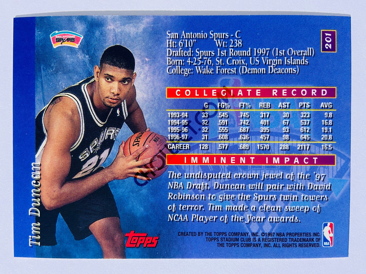 Tim Duncan - San Antonio Spurs 1997-98 Topps Stadium Club NBA Draft Rookie #201