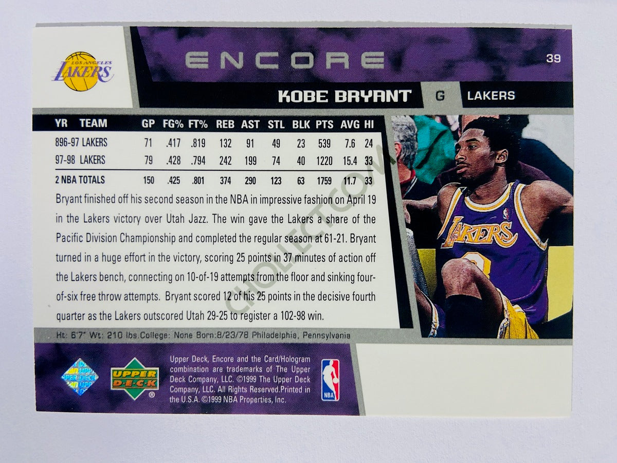 Kobe Bryant - Los Angeles Lakers 1998-99 Upper Deck Game Dated Encore #39