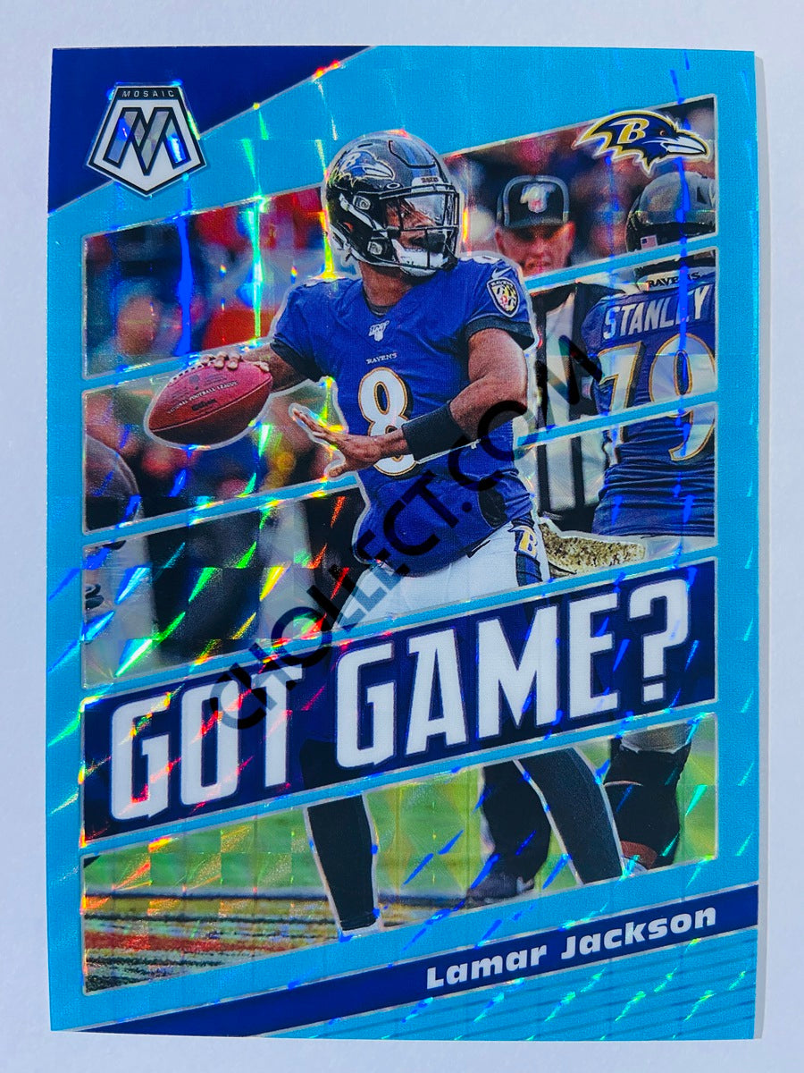 Lamar Jackson - Baltimore Ravens 2020-21 Panini Mosaic Got Game? #24 Blue Fluorescent 14/15