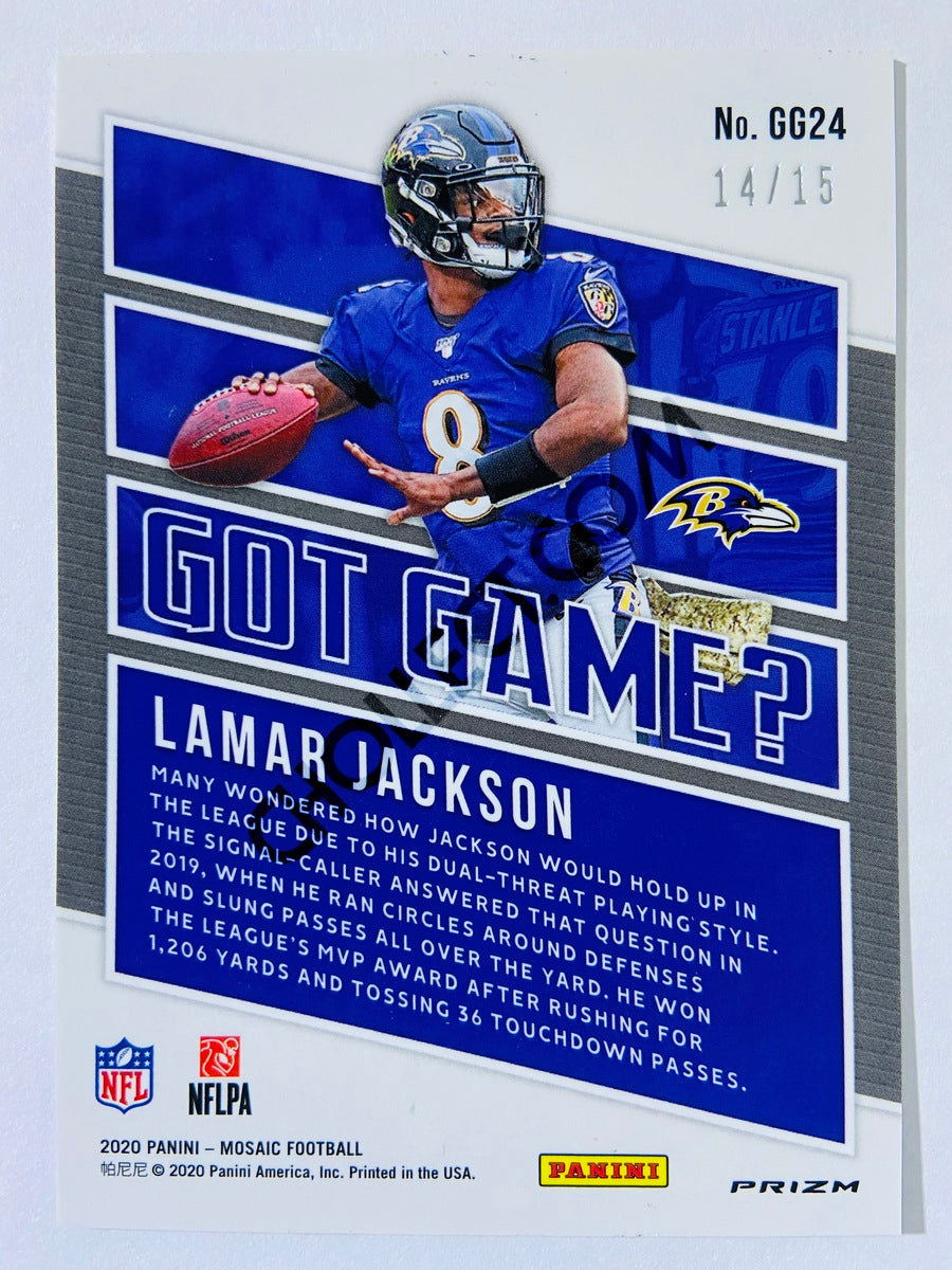 Lamar Jackson - Baltimore Ravens 2020-21 Panini Mosaic Got Game? #24 Blue Fluorescent 14/15