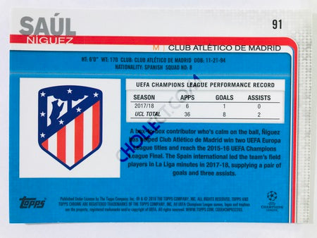 Saul Niguez - Club Atlético De Madrid 2018-19 Topps Chrome UCL #91