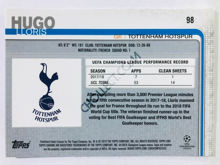 Hugo Lloris - Tottenham Hotspur 2018-19 Topps Chrome UCL #98