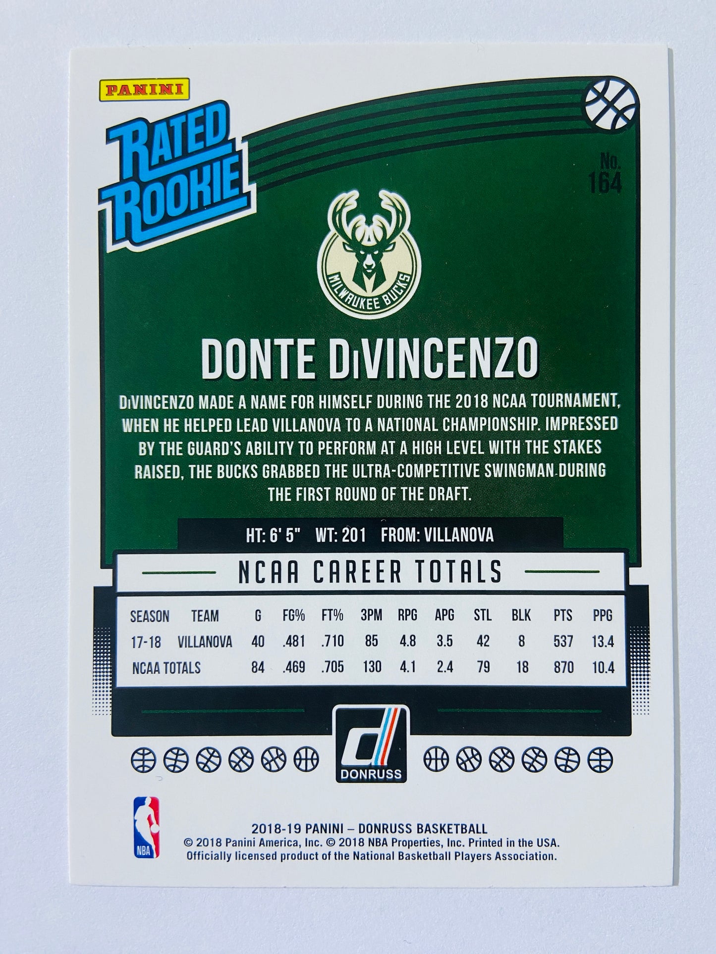 Donte DiVincenzo - Milwaukee Bucks 2018-19 Panini Donruss Rated Rookie #164