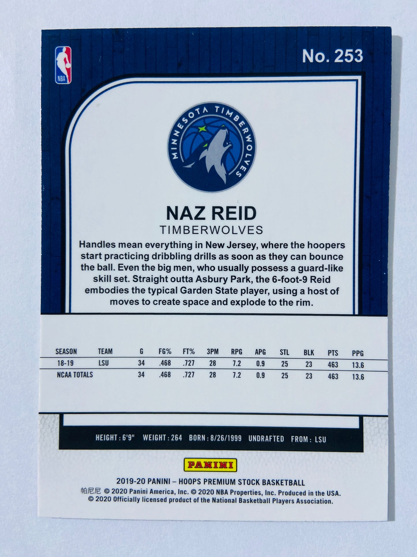 Naz Reid - Minnesota Timberwolves 2019-20 Panini Hoops Premium Stock RC Rookie #253