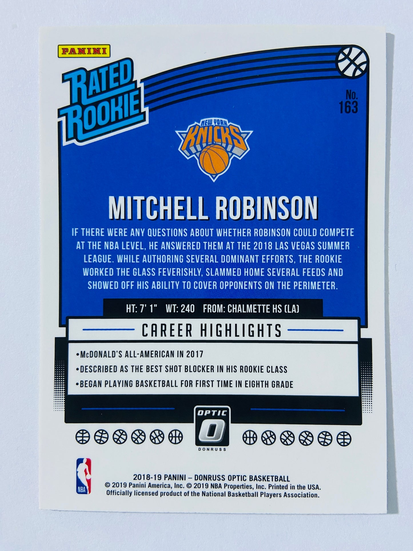 Mitchell Robinson - New York Knicks 2018-19 Panini Donruss Optic Rated Rookie #163