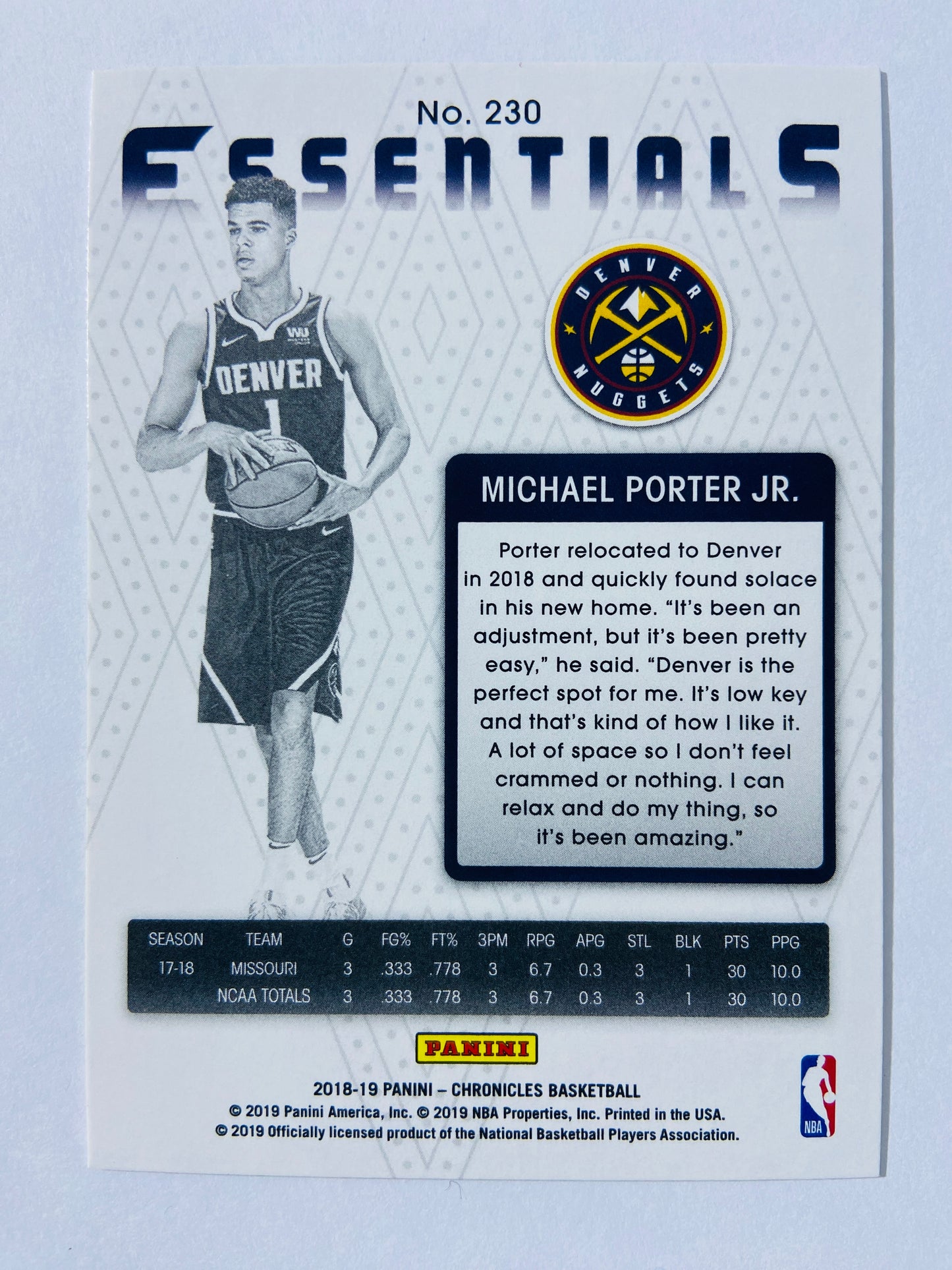 Michael Porter Jr. - Denver Nuggets 2018-19 Panini Chronicles Essentials RC Rookie #230