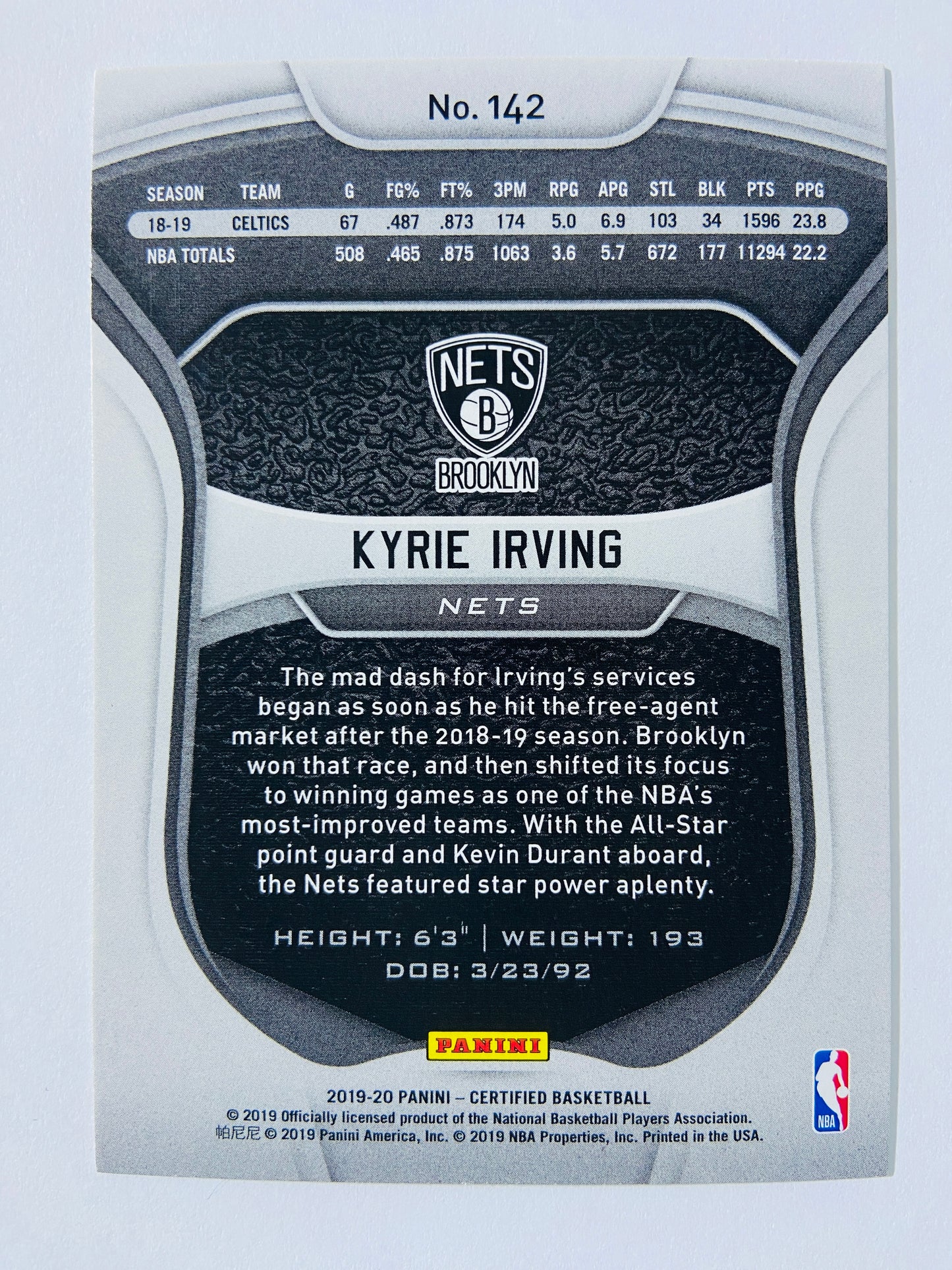 Kyrie Irving - Brookly Nets 2019-20 Panini Certified #142