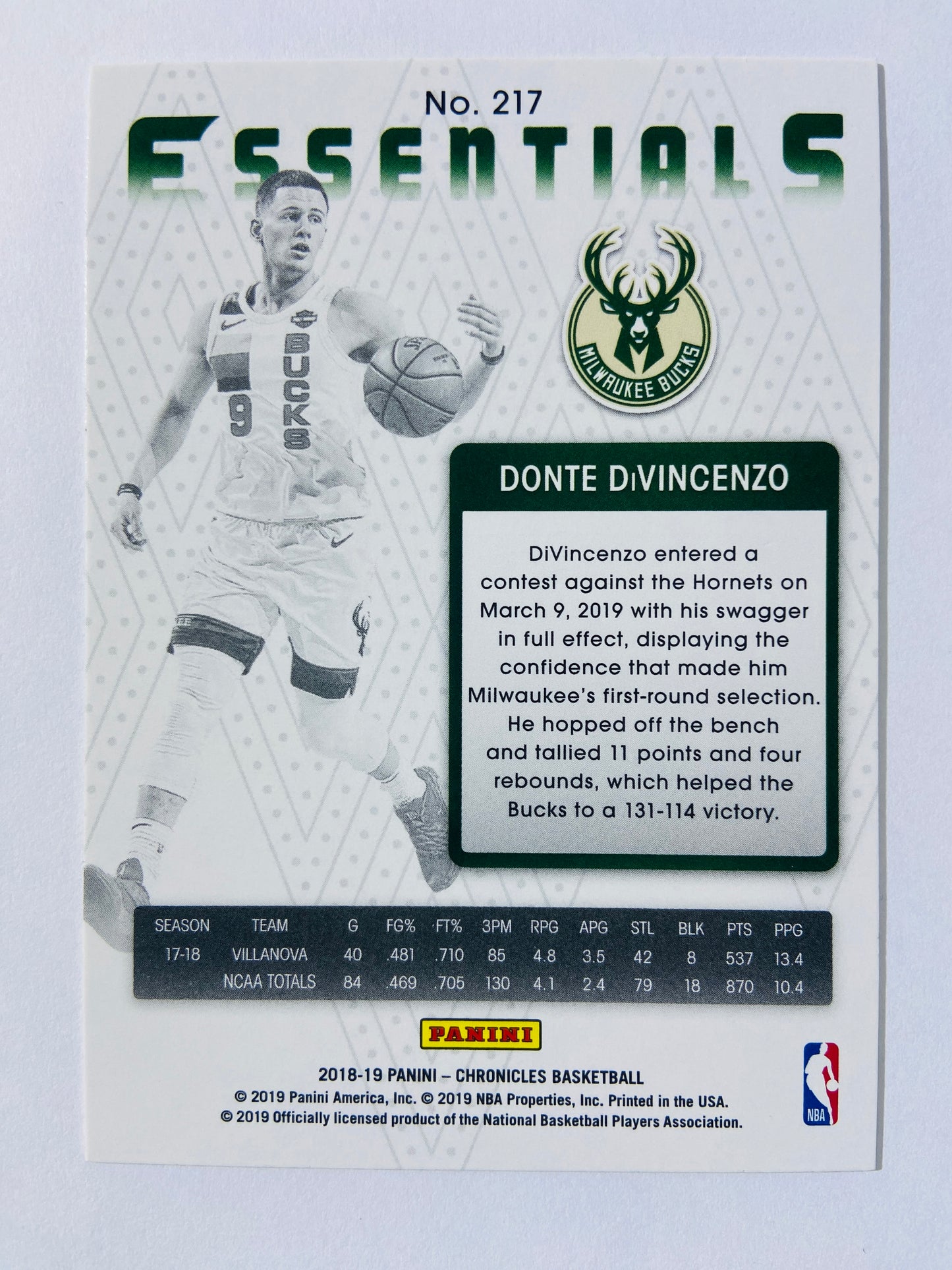 Donte DiVincenzo - Milwaukee Bucks 2018-19 Panini Chronicles Essentials Bronze RC Rookie