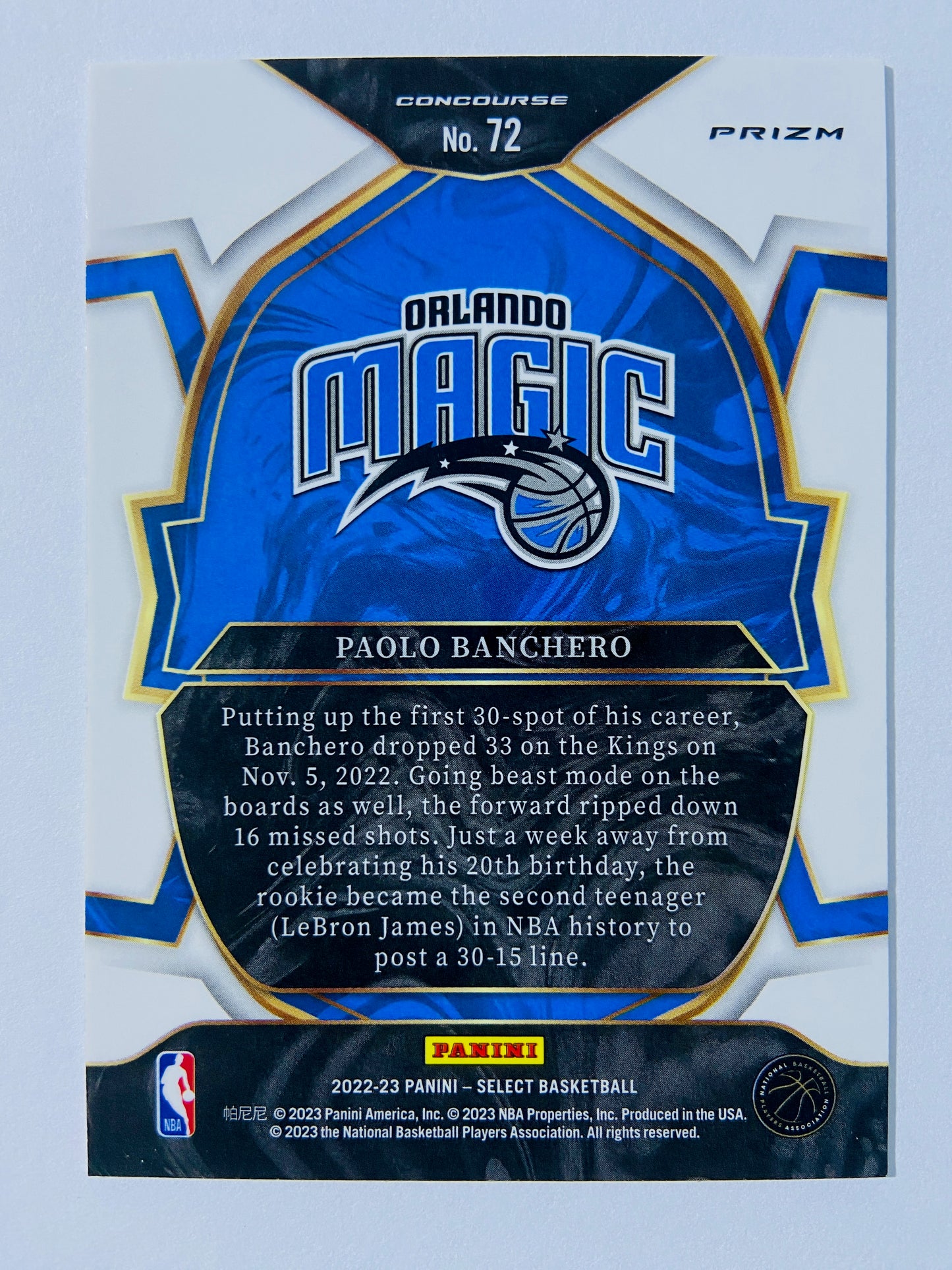 Paolo Banchero - Orlando Magic 2022-23 Panini Select Concourse Blue Prizm Parallel RC Rookie #72