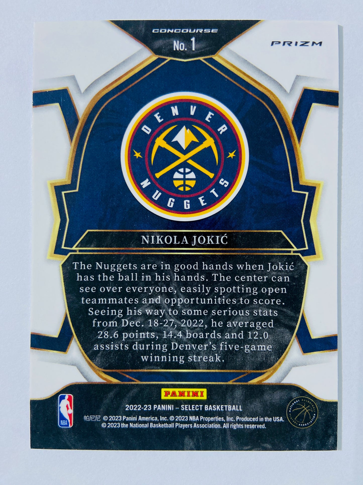 Nikola Jokic - Denver Nuggets 2022-23 Panini Select Concourse Tri-Color Wave Prizm Red/White/Blue Parallel #1