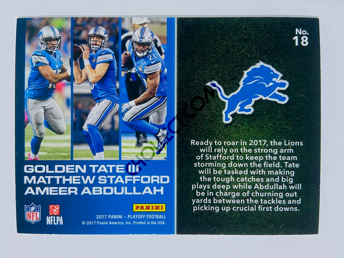 Golden Tate / Matthew Stafford / Ameer Abdullah – Detroit Lions 2017 Panini Playoff #18 Flea Flicker 2nd Down 46/49