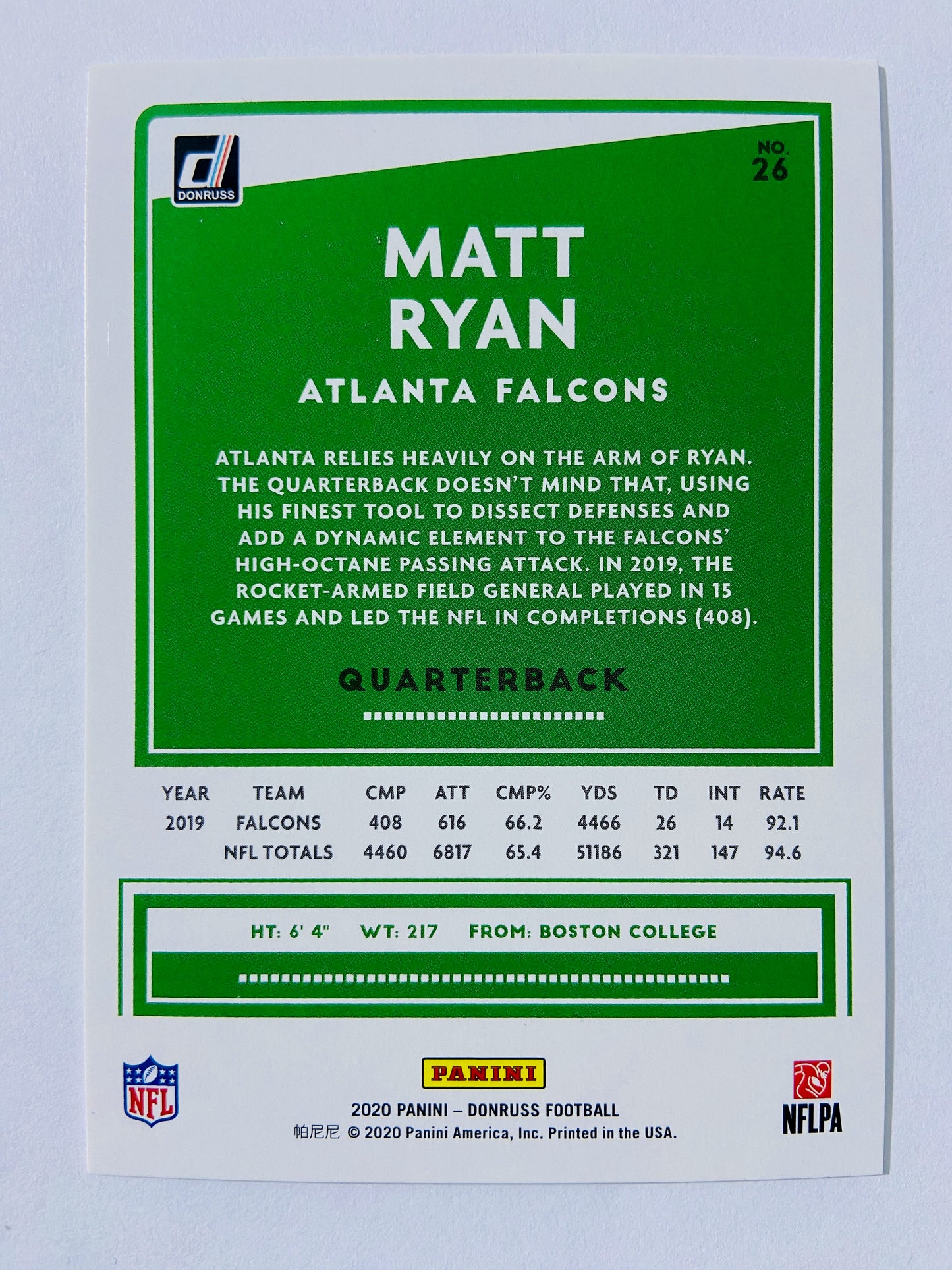 Matt Ryan – Atlanta Falcons 2020 Panini Donruss #26 Press Proof Silver Parallel /100