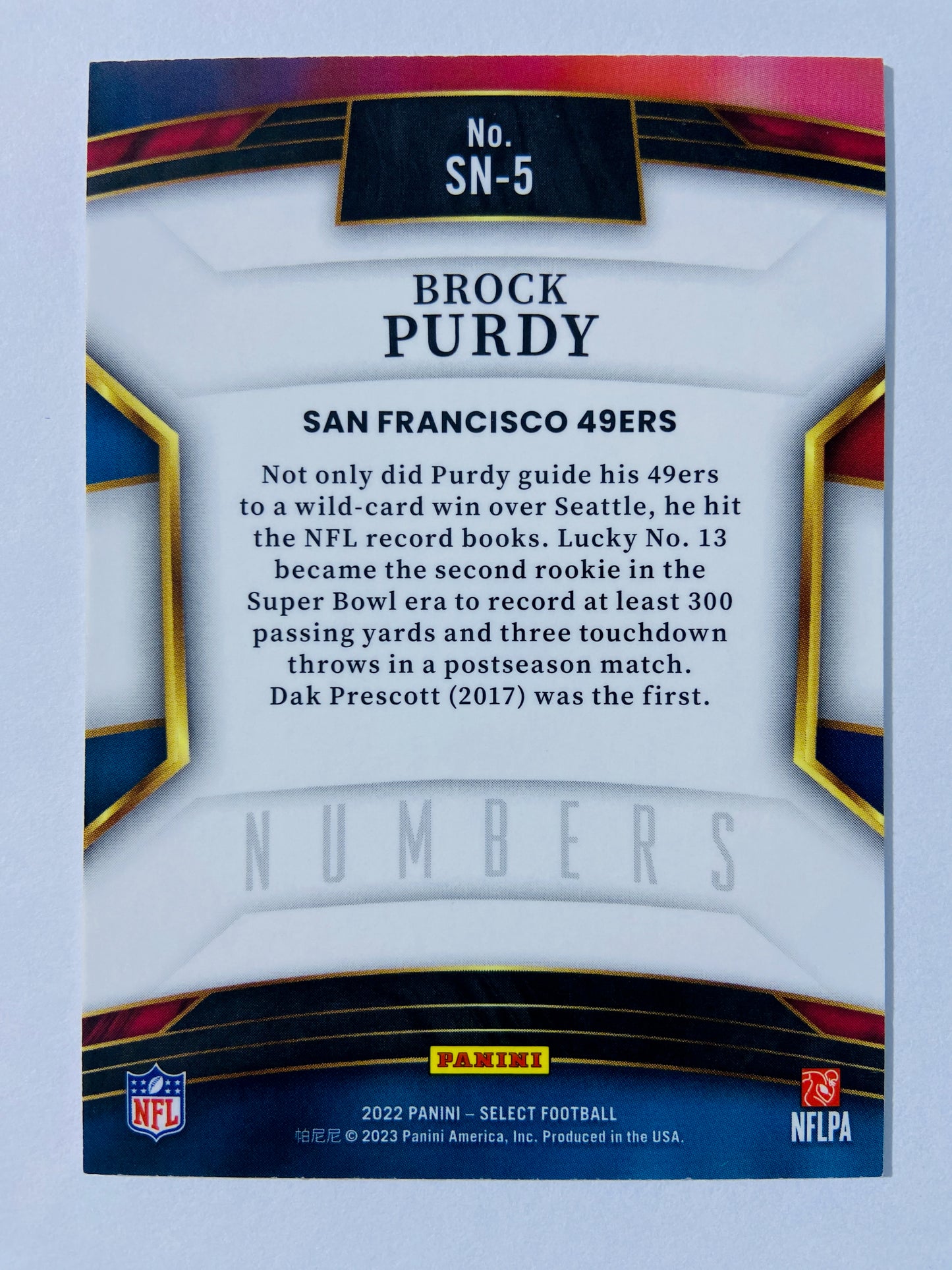 Brock Purdy – San Francisco 49ers 2022 Panini Select Numbers RC Rookie #SN-5