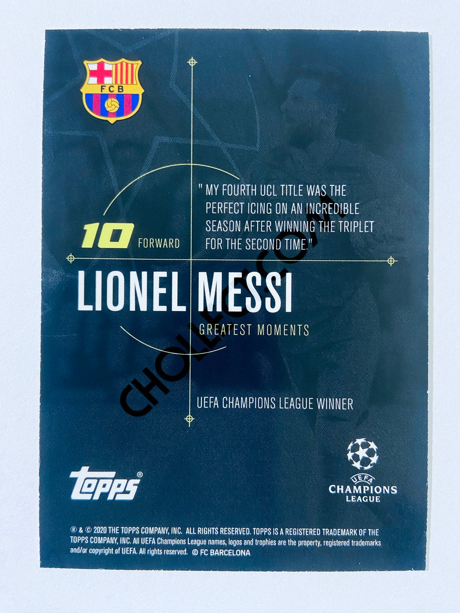 Lionel Messi – FC Barcelona 2020 Topps Designed by Messi Greatest Moments 2015 UEFA Champions League Winner