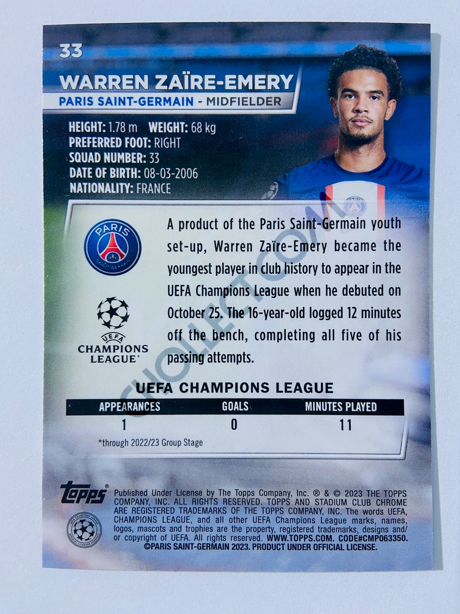 Warren Zaïre-Emery - Paris Saint-Germain 2022-23 Topps Stadium Club Chrome UEFA Club Competitions RC Rookie #33