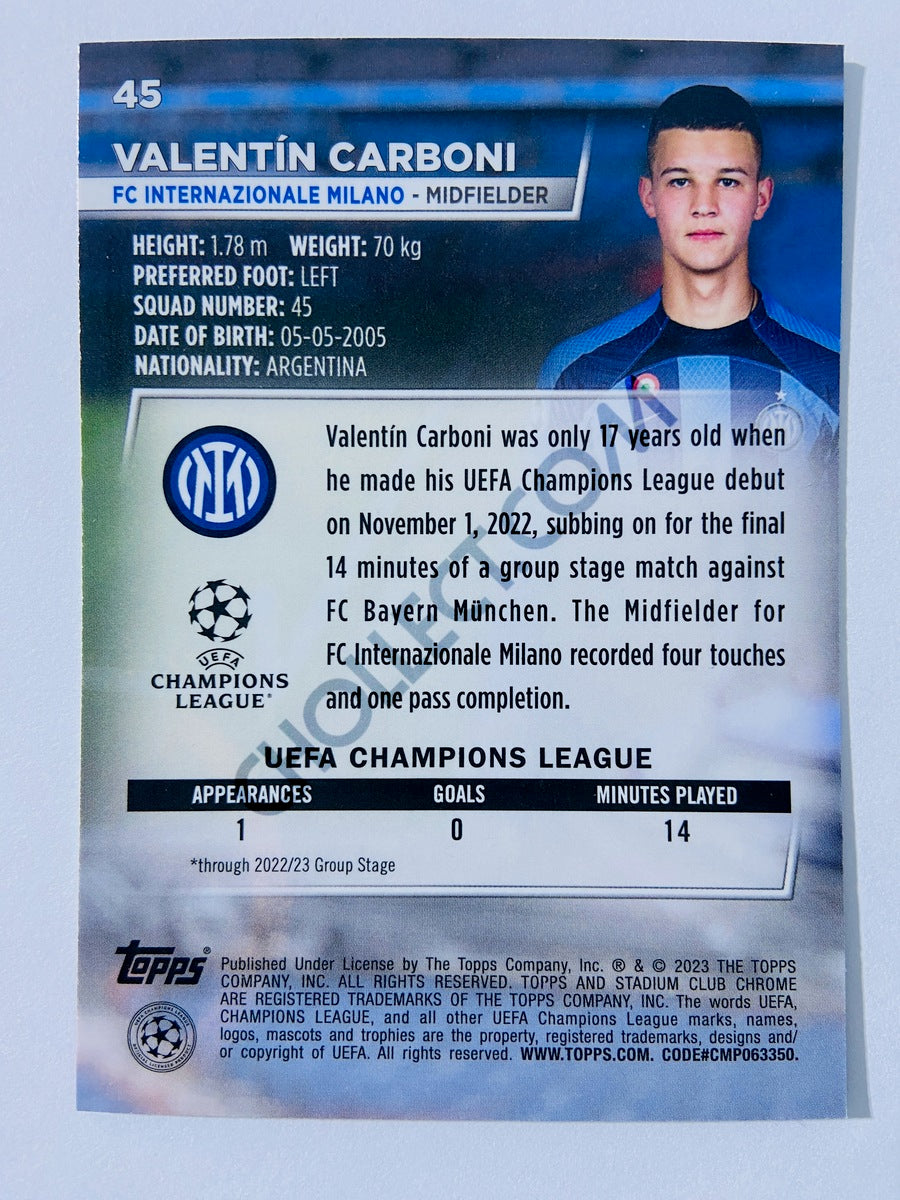 Valentín Carboni - FC Internazionale Milano 2022-23 Topps Stadium Club Chrome UEFA Club Competitions RC Rookie #45