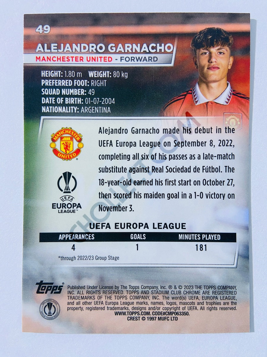 Alejandro Garnacho - Manchester United 2022-23 Topps Stadium Club Chrome UEFA Club Competitions RC Rookie #49