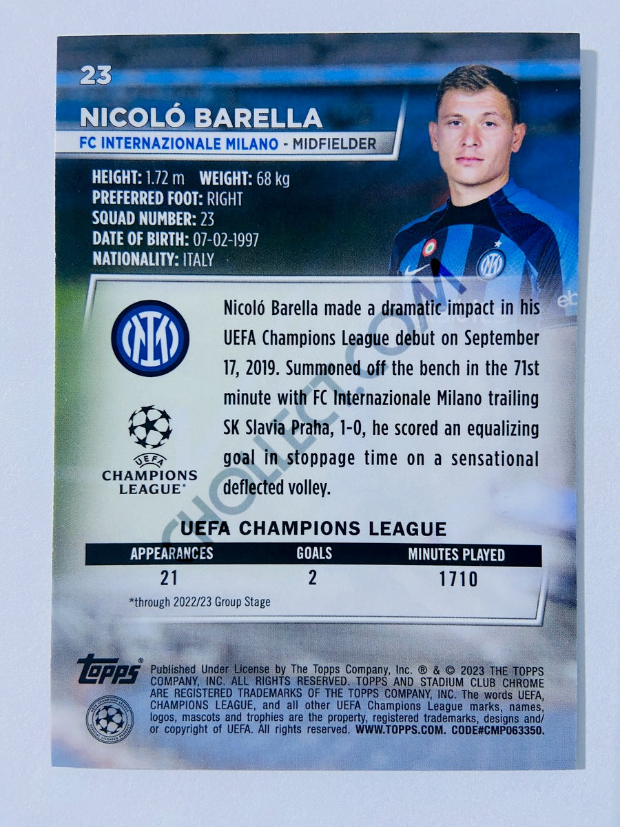 Nicoló Barella - FC Internazionale Milano 2022-23 Topps Stadium Club Chrome UEFA Club Competitions Blue Prism Parallel #23