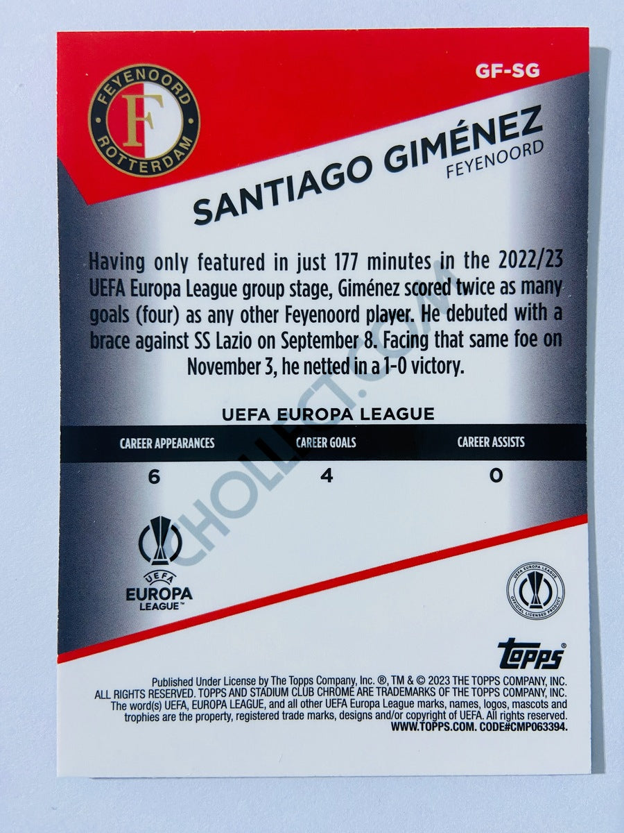 Santiago Giménez - Feyenoord 2022-23 Topps Stadium Club Chrome UEFA Club Competitions Goal Force Insert RC Rookie #GF-SG