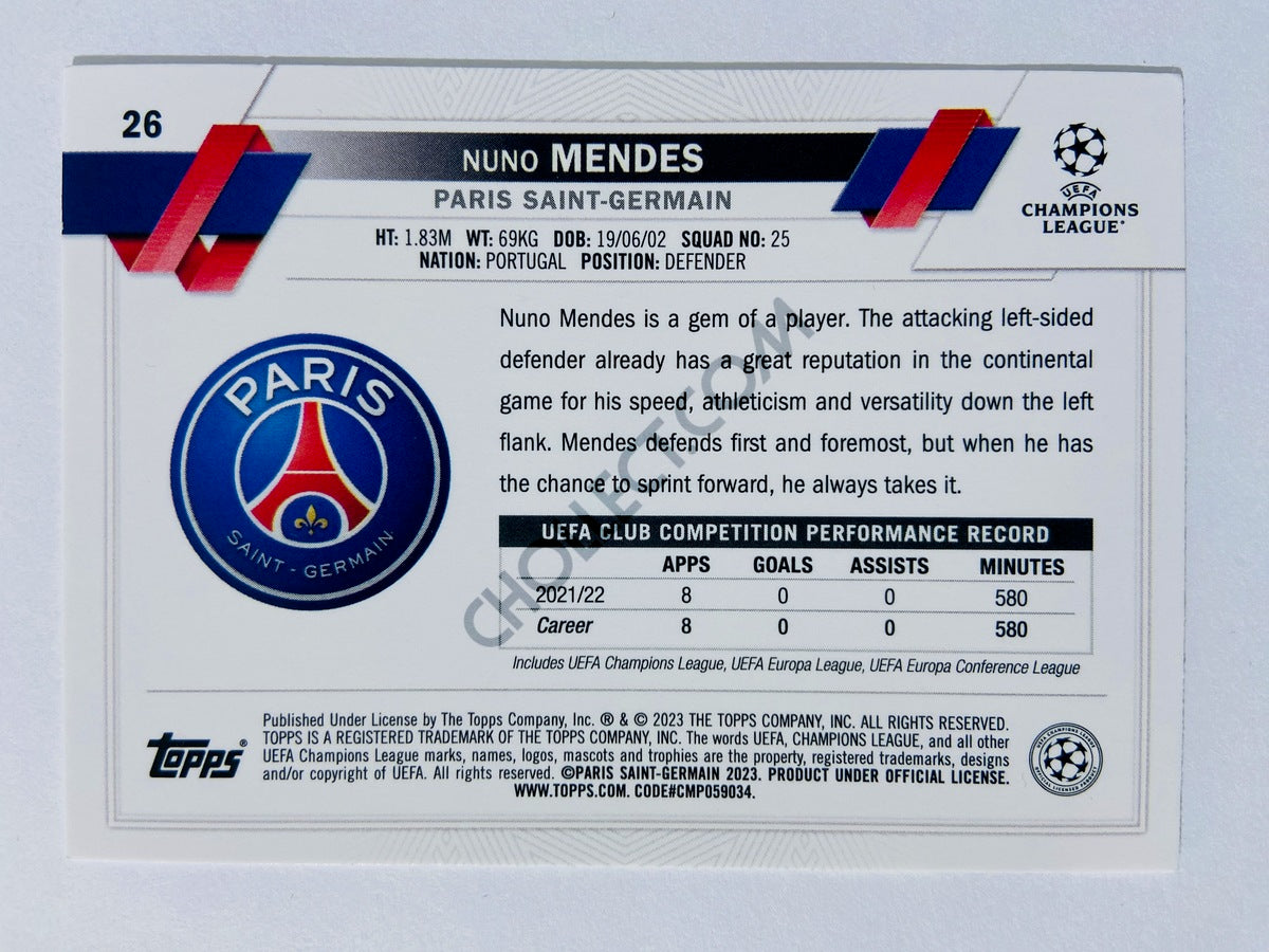 Nuno Mendes - Paris Saint-Germain 2022-23 Topps UEFA Club Competitions Future Stars #26