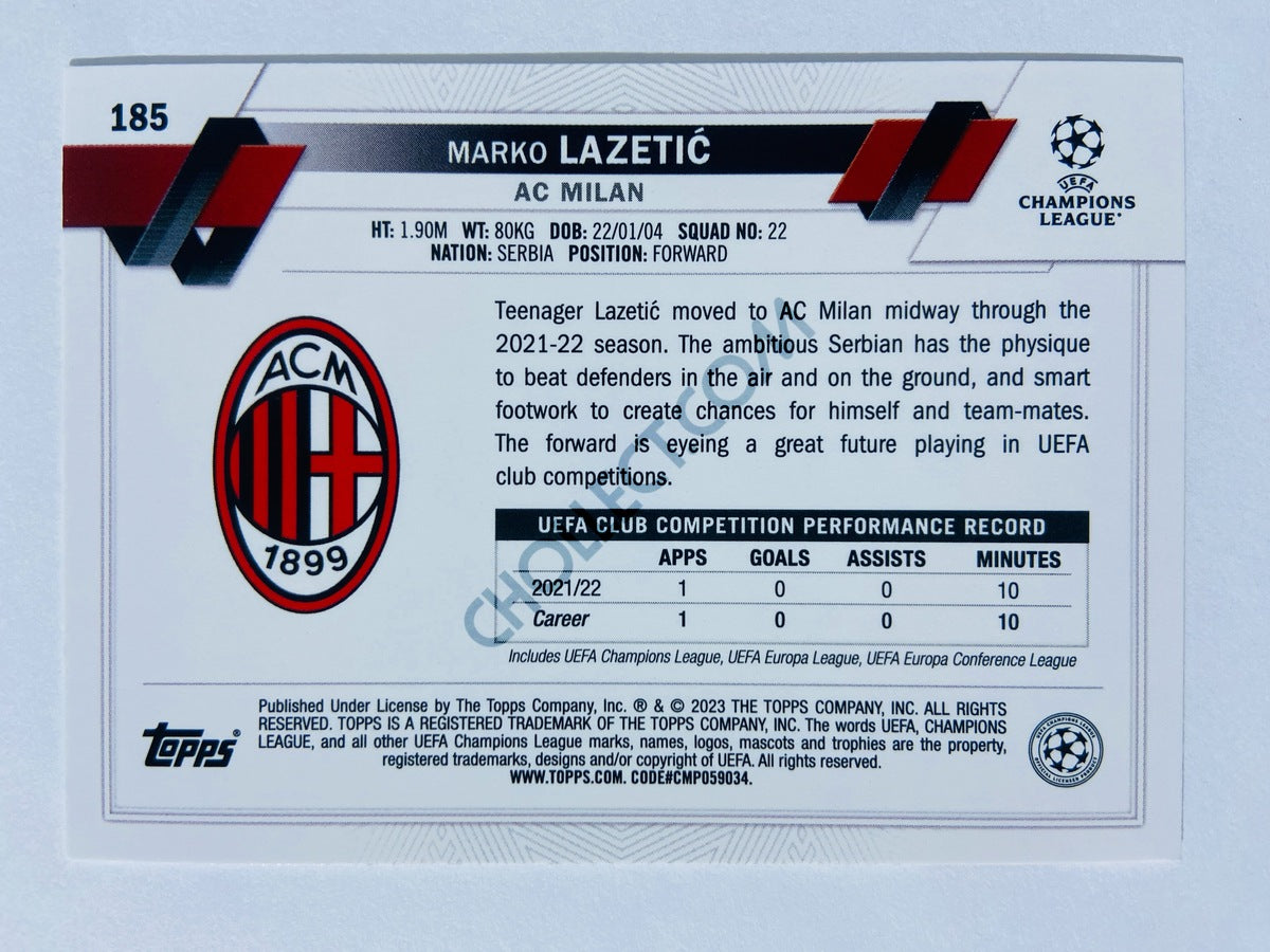 Marko Lazetic - AC Milan 2022-23 Topps UEFA Club Competitions RC Rookie #185